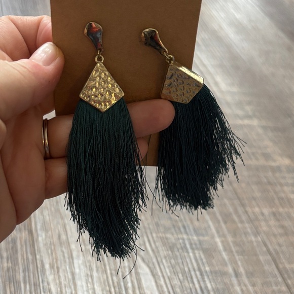 Fun Gold and Teal Green Tassel Earrings - Picture 4 of 5